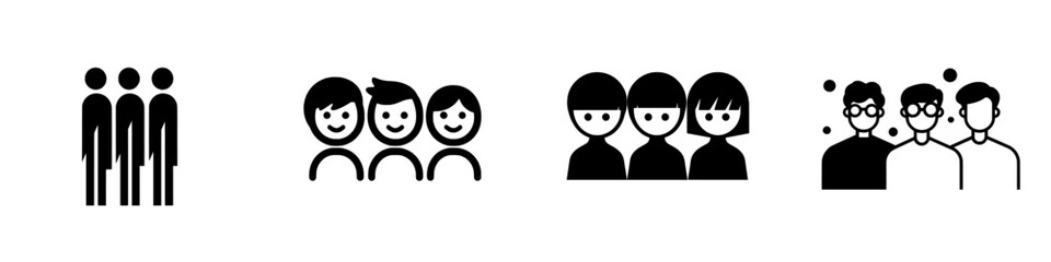 A thin outline icon featuring multiple human figures side by side, depicting three persons. This line symbol represents family, meeting men, and close people. Modern, isolated pictograms for web use