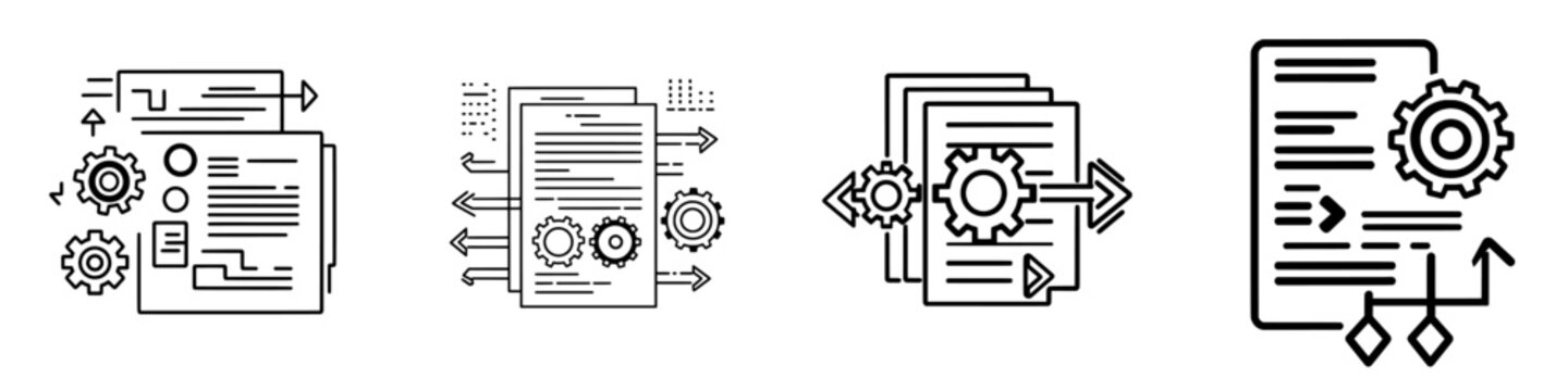 Symbol for Reverse Engineering and Reverse Development. The process of reconstructing source code from the final product. A line icon featuring a gear and a drawing. A contemporary icon for web and