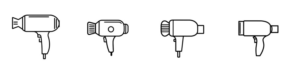 A hair dryer depicted as a linear icon, representing room service in hotels, hostels, motels, inns, salons, and spas. This modern graphic logo features a contour design and is illustrated on a white