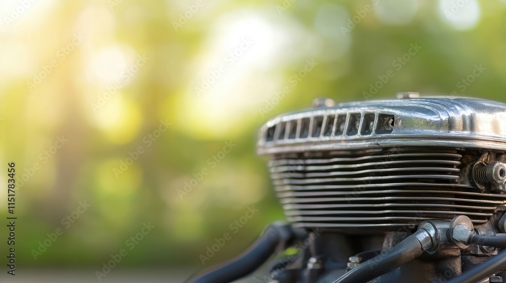 Poster a close-up view of a shiny motorcycle engine with a blurred green background, emphasizing the intric