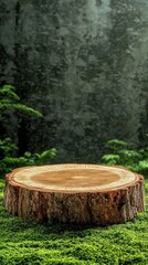 Fototapeta premium Natural wooden tree stump cross section on green moss carpet in misty forest environment, perfect backdrop for product photography or nature composition display.