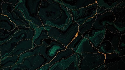 Abstract Emerald Green and Gold Swirled Marble Texture with Crackled Golden Veins
