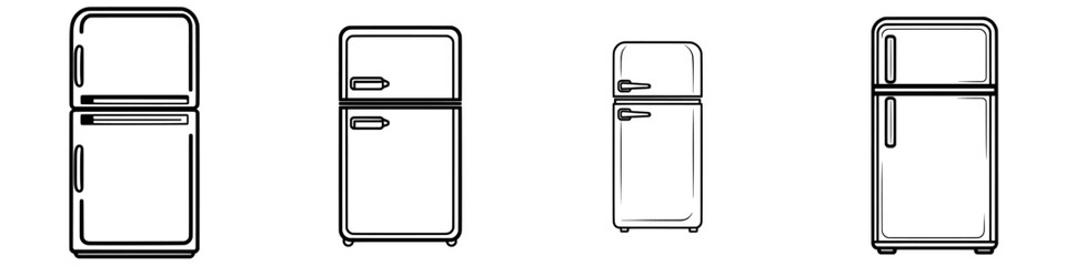 A thin outline icon of a refrigerator in the kitchen with the door open, viewed from the front. It represents a freezer, refrigerator repair, and service. This modern, isolated pictogram on a white