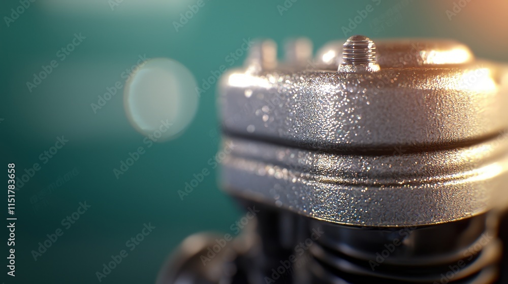 Poster a close-up of a metallic engine component with intricate details, showcasing textures against a blur
