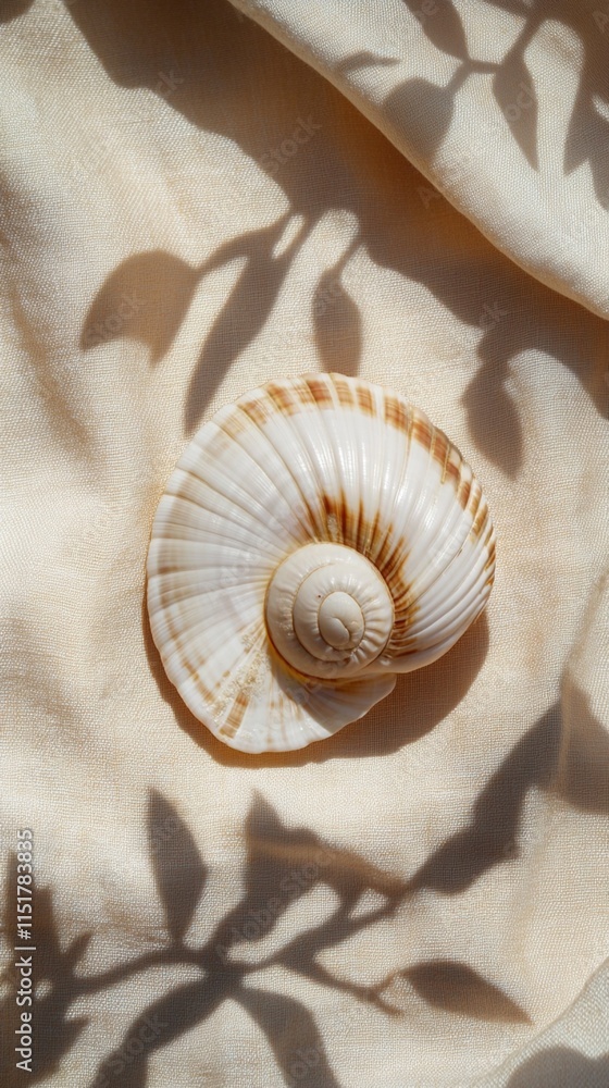 Poster elegant spiral seashell on beige fabric with delicate leaf shadows creating artistic natural composi