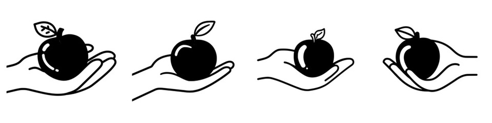 A thin outline icon of a human hand offering an apple, symbolizing volunteer food, charity grocery, and humanitarian assistance. This modern, isolated pictogram on a white background features an