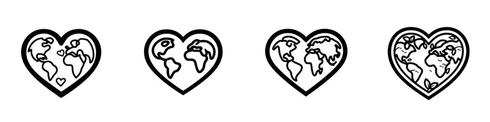 A thin outline icon of planet Earth inside a heart symbol. This line sign represents World Environment Day, global community support, and a world of love. It is a modern, isolated pictogram on a