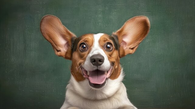 A joyful dog with large ears smiles against a green background, showcasing a playful and friendly demeanor.