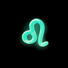 3d Leo astrological sign in neon glowing green color on black isolated background.