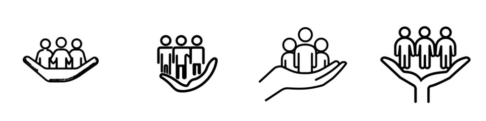 A thin outline icon of a human hand holding a symbol representing a group of people or a family. This line sign could be used for group life insurance, caring hands family medicine, and is a modern,