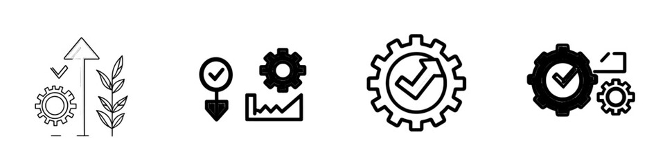Boost productivity, analyze manufacturing capacity, enhance processes, and outline efficient growth with modern isolated web pictograms featuring a line graph, gear, and arrow on a white background,