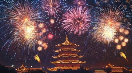 Fireworks Illuminate Pagoda Against Night Sky