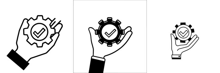 Simple process, customizable maintenance, engineering outline icon. Line symbol of a human hand holding a gear, cogwheel. Modern isolated pictogram for the web on a white background with editable