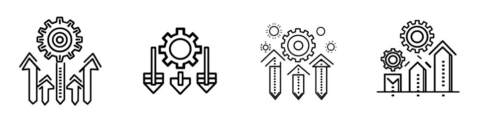 Professional career advancement, efficient growth, revenue graph outline icon. Arrow pointing up and cogwheel. Modern isolated web and app pictograms on a white background with editable stroke.
