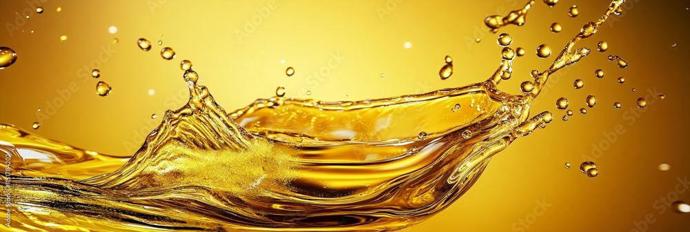 Poster dynamic splash of golden liquid creating an elegant wave pattern with scattered droplets against war