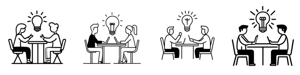 Icon depicting group wisdom, shared insights, and a creative community. A line drawing of three people with a light bulb above their heads. Modern, isolated pictogram on a white background with an