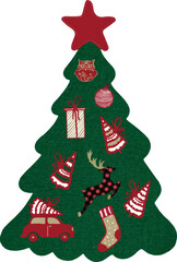 Watercolor vector Christmas tree with red star. Fabric Christmas tree with decoration. Textil tree, patchwork style. Vintage. Greeting design, stickers, scrapbook