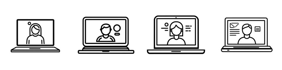 Online group workshop, web seminar, video training session, speaker outline icon. Line sign laptop with web conference. Modern isolated pictogram for web and app on a white background, editable