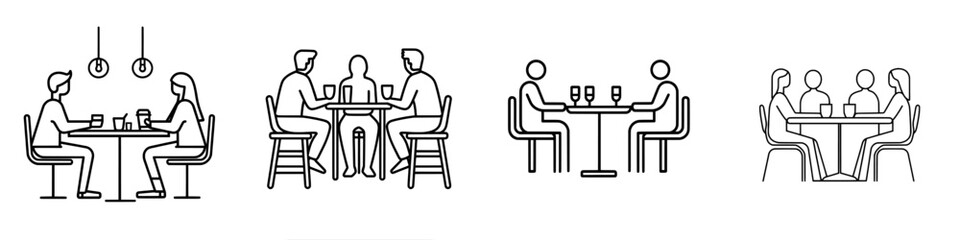 Modern isolated pictograms on a white background with editable stroke, featuring a line sign of three people sitting at a table for a meeting room, discussion, business conference, and support group