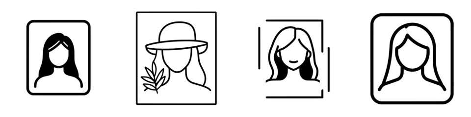 A modern, isolated pictogram of the Mona Lisa Gioconda painting, designed as an outline icon for web and app use, featuring an editable stroke on a white background.