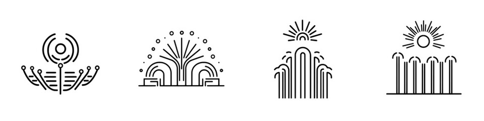 Icon representing a fountain dance with water, light, and music. It features line art of fountain jets and light rays, suitable for modern web and app use on a white background with an editable