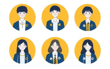 A set of circular vector illustrations of high school students in uniform, smiling with no faces, featuring navy blue and yellow colors. 