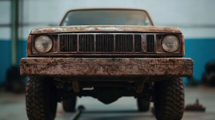 A close-up view of a vintage, muddy truck in an industrial setting, showcasing its rugged design and weathered appearance.