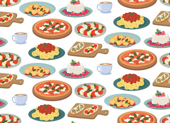 Seamless background with Italian cuisine. Flat pattern with spaghetti, caprese, pizza, bruschetta, ravioli, panna cotta, cappuccino 