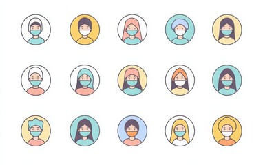 A set of round, high-resolution icons depicting women wearing medical masks in a simple flat vector style. ฃ