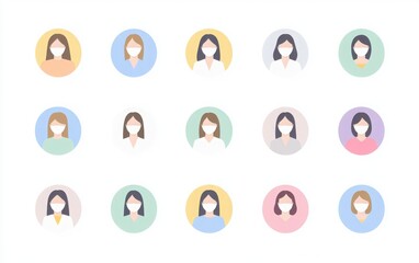 A set of round, high-resolution icons depicting women wearing medical masks in a simple flat vector style. ฃ