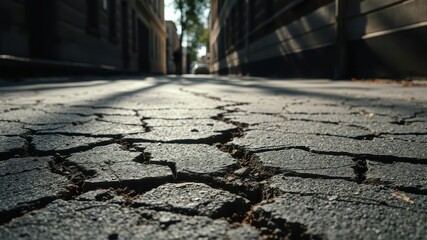 Cracked Pavement in a Narrow Alleyway, Sunlit Shadows on Aged Asphalt, Showing Deterioration and Urban Decay