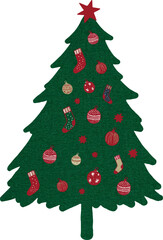 Watercolor vector Christmas tree with red star. Green Fabric Christmas tree with beautiful toys. Textil tree, patchwork style. Vintage. Greeting design, stickers, scrapbook