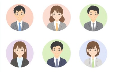 Flat design round avatar icons featuring business professionals, both male and female, in suits or office wear. 