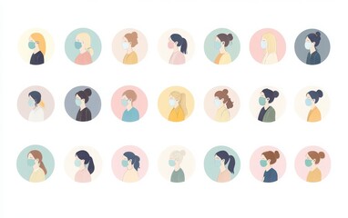Flat vector illustrations of different women wearing medical masks, designed as round icons in pastel colors against a white background. 