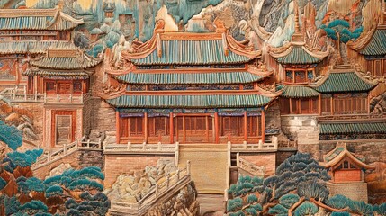 Obraz premium Intricate carved wooden panel depicting a traditional Chinese architectural scene with colorful buildings, trees, and mountains.