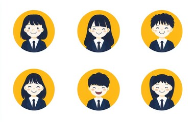 Round illustrations of high school students in simple, happy expressions, with ties on their chest and no faces. 