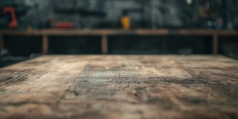 A rustic wooden work surface in a workshop, emphasizing texture and a blurred background filled with tools and equipment.