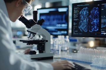 A dedicated researcher studies biological specimens under a microscope while comfortably typing on a keyboard, merging hands-on research with digital data management.