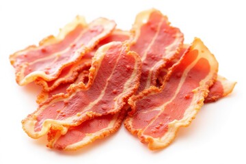 Appetizing fried slices of fresh bacon on a white background with eye-catching color