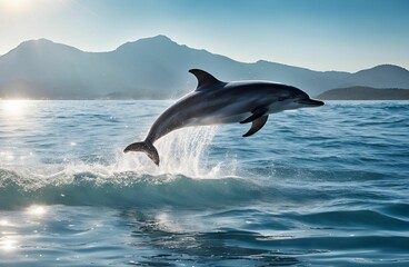 Fototapeta premium A playful dolphin leaping out of crystal-clear ocean water