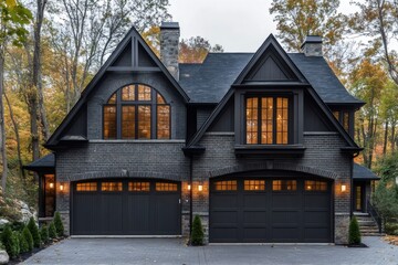 Modern black brick house with glowing windows at twilight in autumn