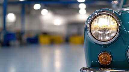 Close-up of a vintage car's headlight in a well-lit workshop, showcasing its classic design and glossy finish.