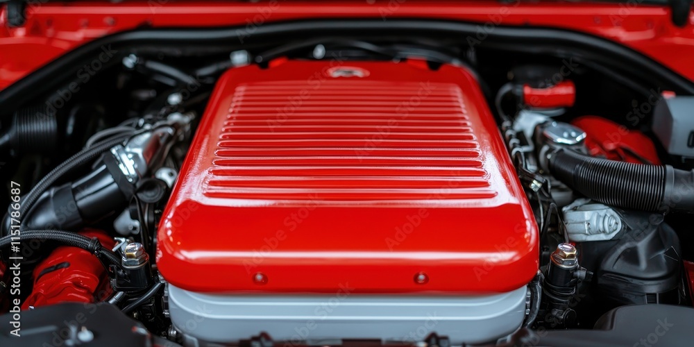Poster a vibrant red engine with a sleek design, prominently displayed in a vehicle's engine bay, showcasin