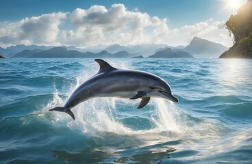 Fototapeta premium A playful dolphin leaping out of crystal-clear ocean water