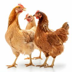 Fototapeta premium Three brown farm chickens standing together on white background