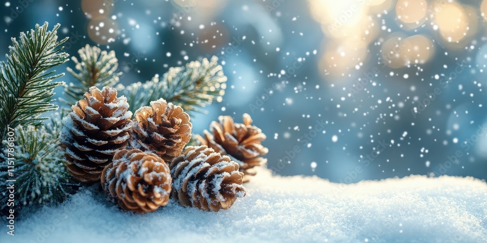 Poster pine cones and fir branches covered with snow during a snowfall at sunset