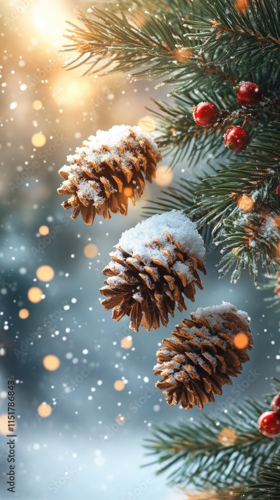 Poster Pine cones covered with snow hanging on a fir branch during a snowfall with bokeh effect