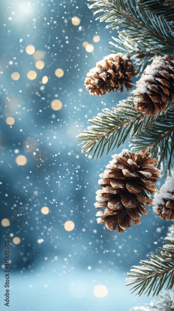 Poster Pine cones covered with snow hanging on a fir branch during a snowfall with bokeh effect