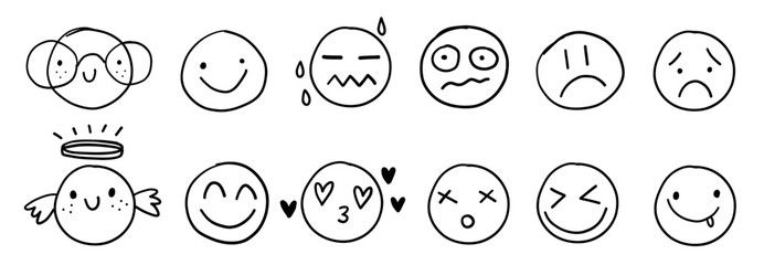 Cute doodle sketch emotion face lovely avatar icons. Angel wings, crying character, confused, sad, happy collection.