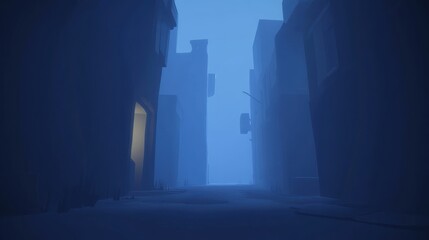 Mysterious Blue Alley: A Digital Painting of a Foggy City Street